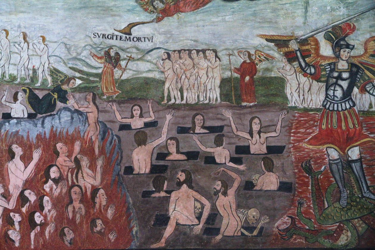 Jüngstes Gericht illustriert von barocken Mestizo-Fresken aus dem 17. Jahrhundert im Kirchenschiff der Santiago De Curahuara De Carangas Kirche, der Sixtinischen Kapelle der Anden, Curahuara De Carangas, Oruro, Bolivien von Unknown