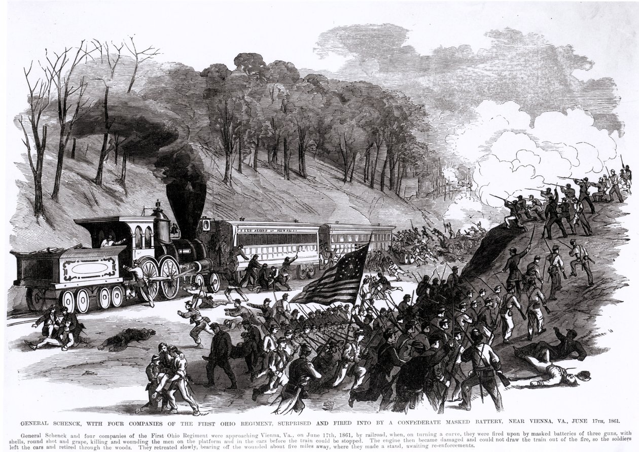 General Schenck mit vier Kompanien des ersten Ohio-Regiments, überrascht und beschossen von einer konföderierten maskierten Batterie, in der Nähe von Wien, VA., 17. Juni 1861, aus 