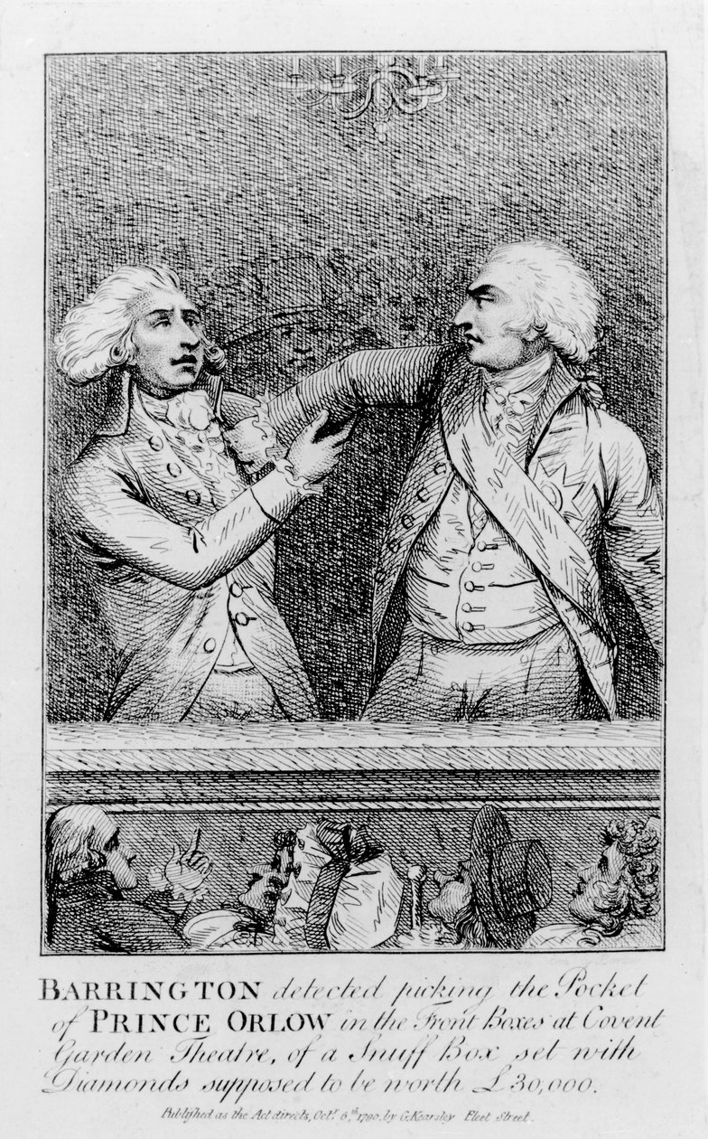 Barrington wird dabei ertappt, wie er Prinz Orlow in den vorderen Logen des Covent Garden Theaters eine mit Diamanten besetzte Schnupftabakdose im Wert von 30.000 Pfund stiehlt, veröffentlicht 1790 von English School