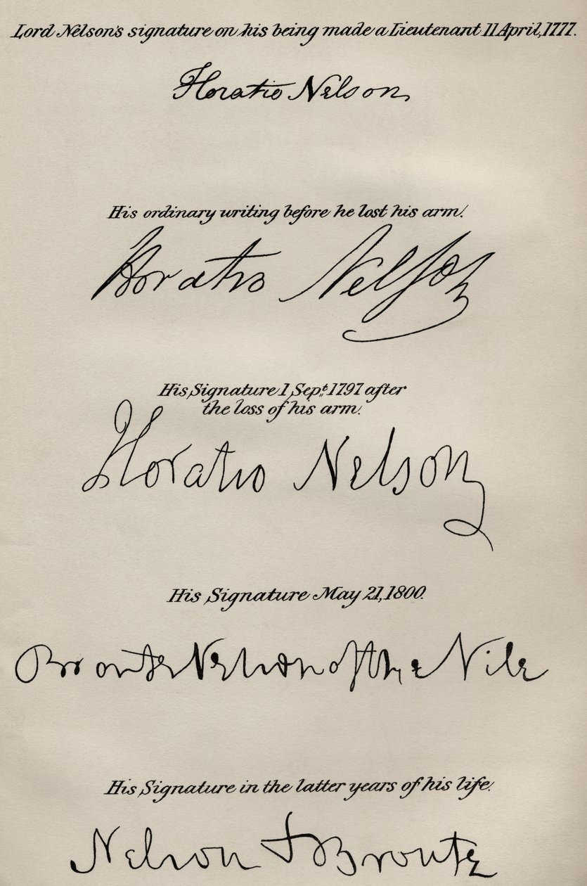 Unterschriften von Lord Nelson vor und nach dem Verlust seines rechten Arms, aus 