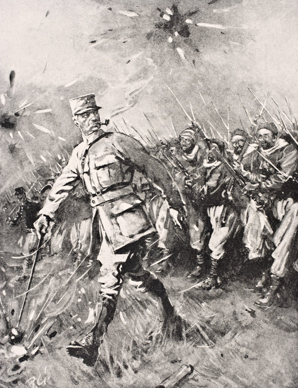 Major Jean-Baptiste Marchand, Pfeife im Mund, Stock in der Hand, führt Zouave- und marokkanische Einheiten gegen den deutschen Feind an der Westfront 1915, aus 