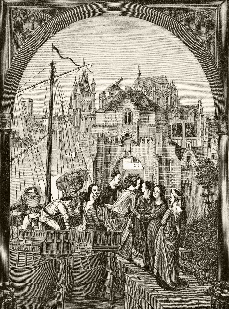 St. Ursula und ihre Gefährtinnen kommen in Köln an, nach einem Fragment des Reliquiars aus dem 15. Jahrhundert in Brügge, aus 