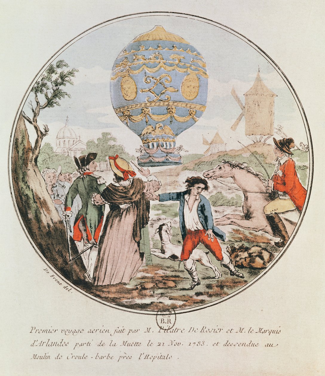 Die erste Luftfahrt von Monsieur Francois Pilatre de Rozier (1754-85) und dem Marquis von Arlandes (1742-1809) von Muette zur Windmühle bei Croule-Barbe, 21. November 1783 von De Frene