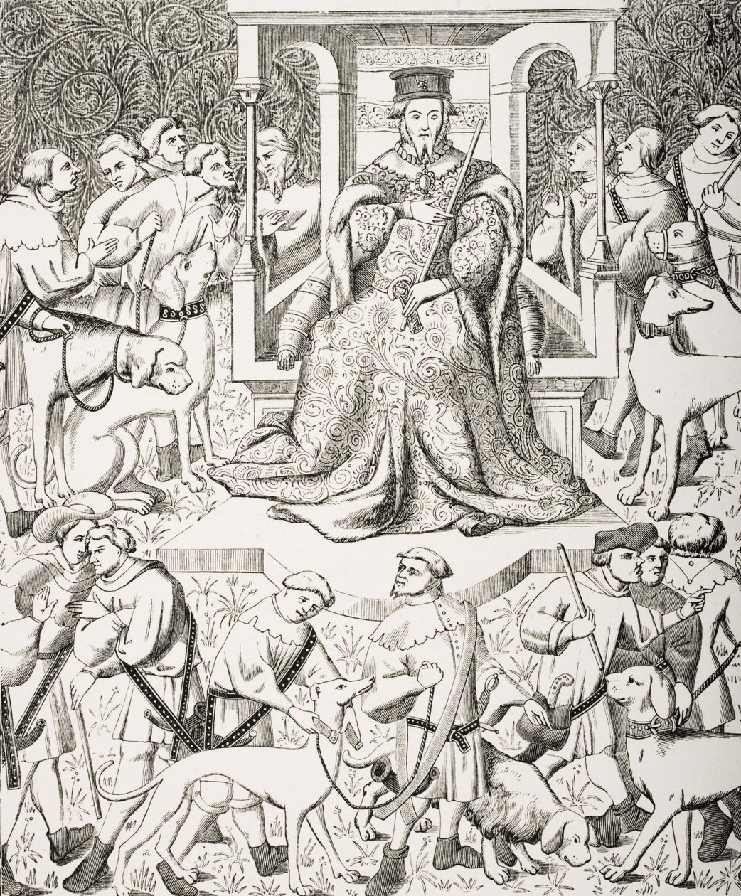 Gaston Phoebus (1331-91) lehrt die Kunst der Jagd, nach einer Miniatur des 15. Jahrhunderts von Phoebus und seinem Stab bei der Jagd auf wilde Tiere und Greifvögel, aus 