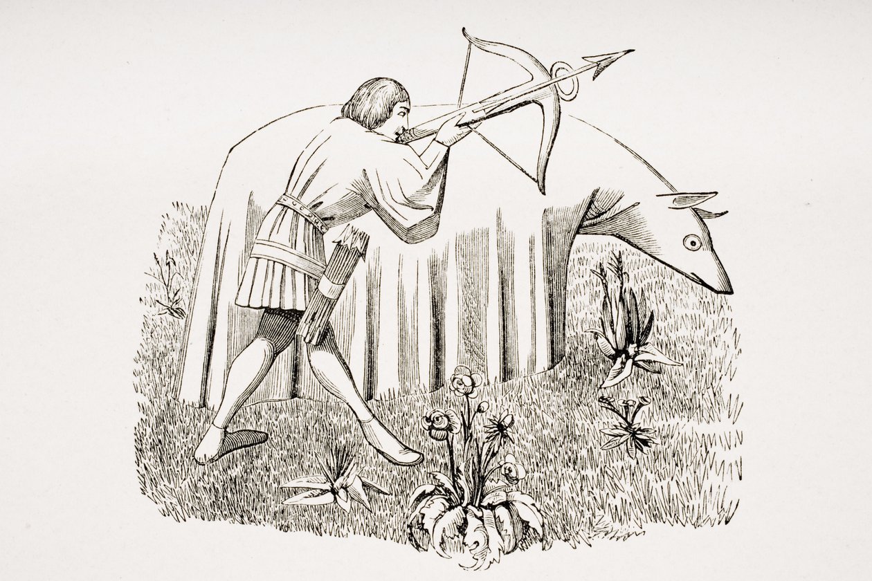 Wie man ein Tuch trägt, um sich Tieren zu nähern, nach einer Miniatur im Manuskript von Phoebus aus dem 15. Jahrhundert, aus 