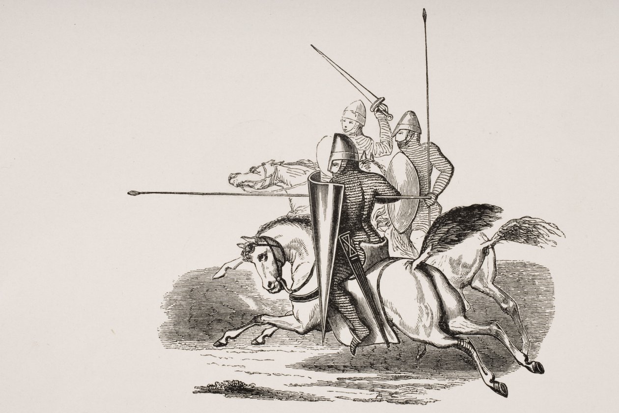 Ritter und Männer in Waffen in der Herrschaft von Ludwig dem Dicken, nach einer Miniatur in einem Psalter aus dem 12. Jahrhundert, aus 
