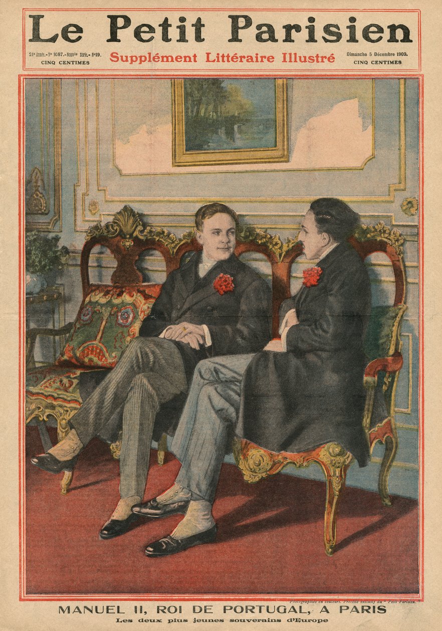 Manuel II., König von Portugal, in Paris mit Alfonso XIII., König von Spanien, die beiden jüngsten Herrscher in Europa, Titelbildillustration aus 