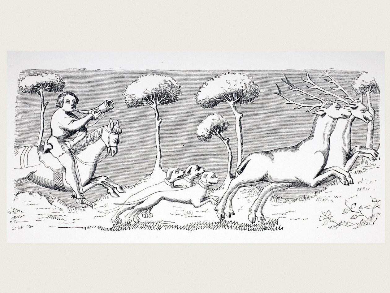 Natur und Erscheinung von Hirschen und wie sie mit Hunden gejagt werden können, nach einer Miniatur im Manuskript von Phoebus aus dem 15. Jahrhundert, aus 