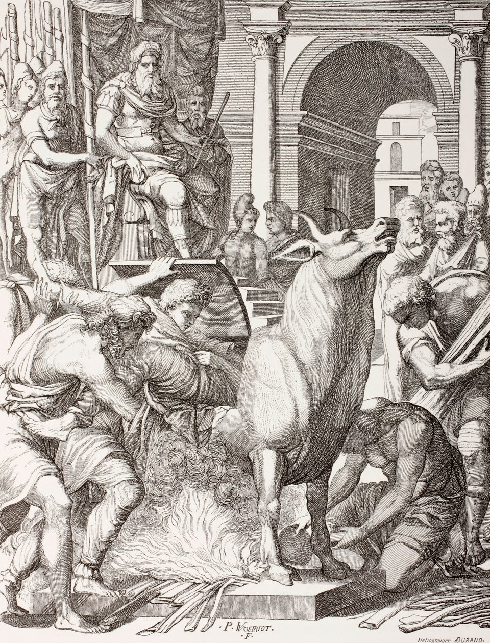 Phalaris verurteilt den Bildhauer Perillus, im bronzenen Stier zu sterben, nach einem Werk aus dem 16. Jahrhundert, aus 