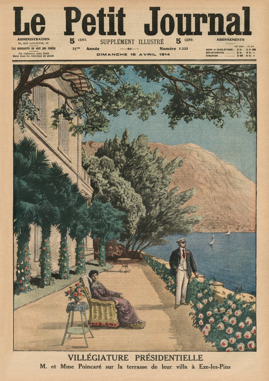 Präsidentenurlaub, Monsieur und Madame Poincare auf der Terrasse ihrer Villa in Eze-les-Pins, Titelbildillustration aus 