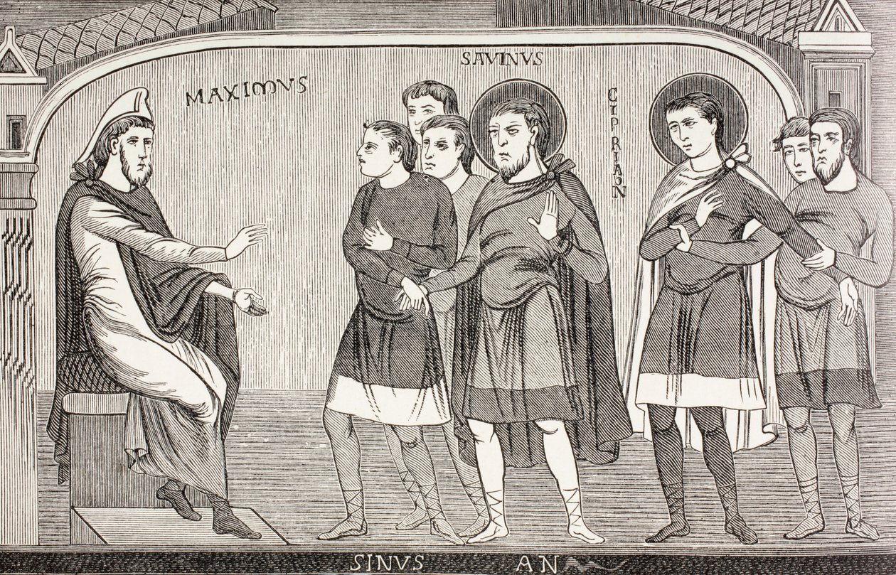 Die Heiligen Savin und Cyprian bekennen sich vor Prokonsul Galerius Maximus als Christen, aus 