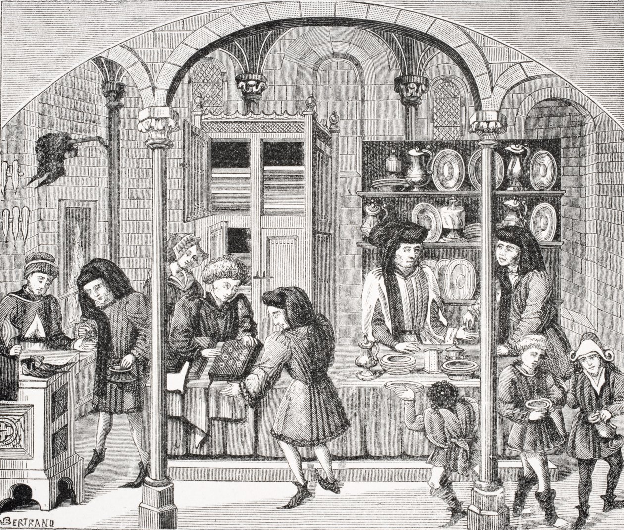 Läden unter einem überdachten Markt, nach einer Miniatur in einer Übersetzung von Aristoteles