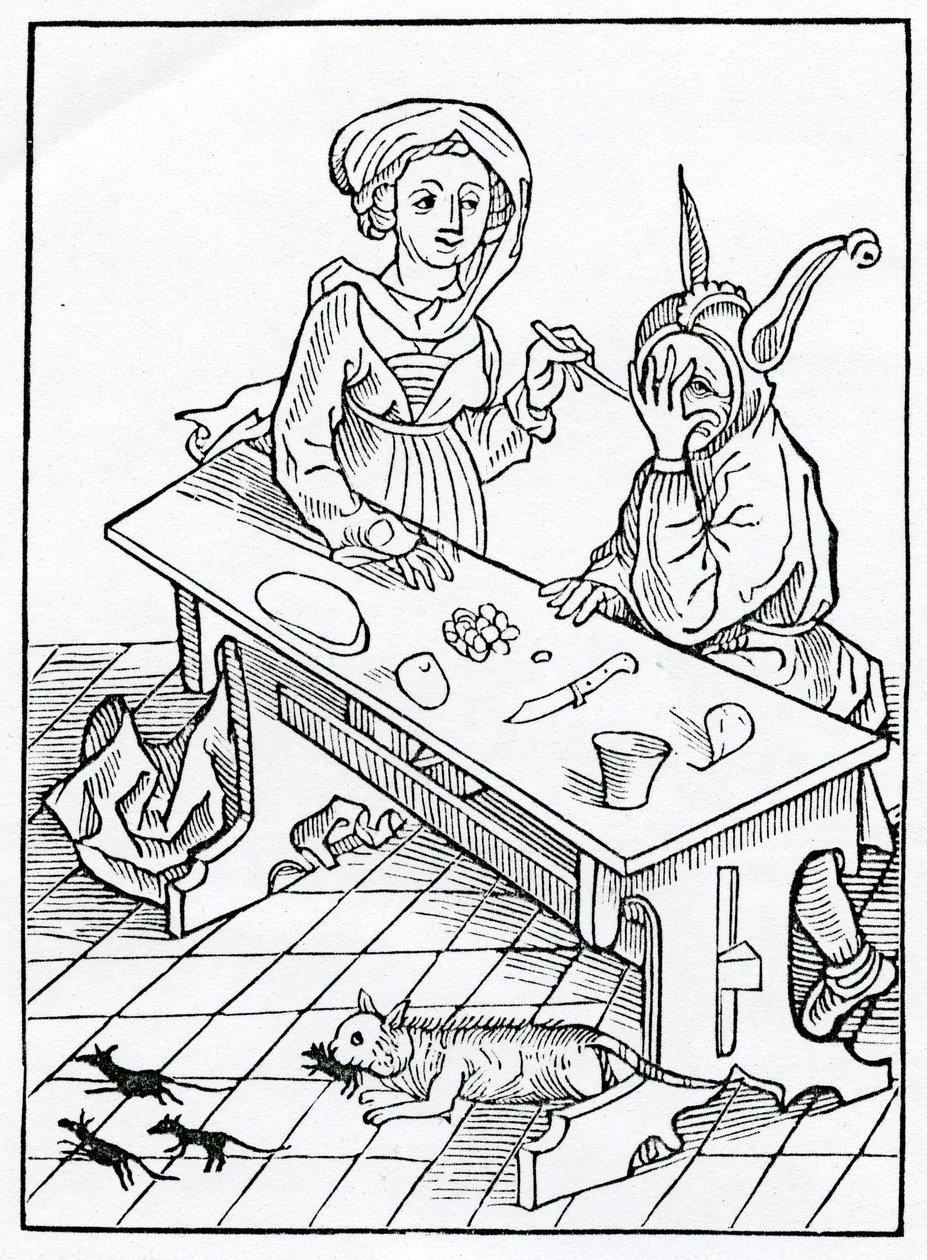 Von Ehebruch und besonders von denen, die Zuhälter für ihre Frauen sind, wissend und nicht wissend, aber aus Gier und Gewinn oder Vorteil schweigen, Illustration aus Alexander Barclays englischer Übersetzung von German School