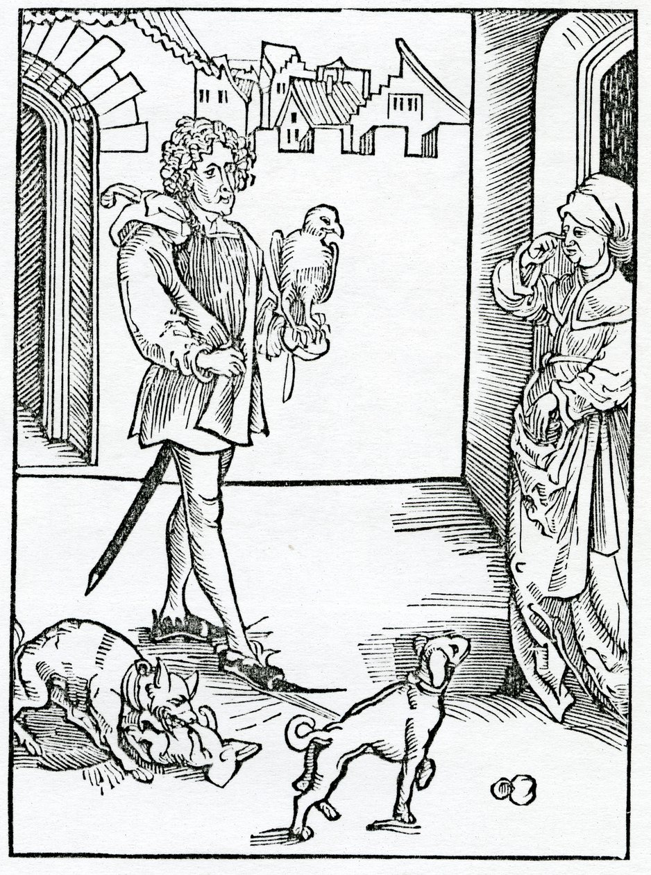 Von denen, die Geräusche machen, Geschichten erzählen und andere ungesetzliche und unehrliche Dinge in der Kirche Gottes tun, Illustration aus Alexander Barclays englischer Übersetzung von 