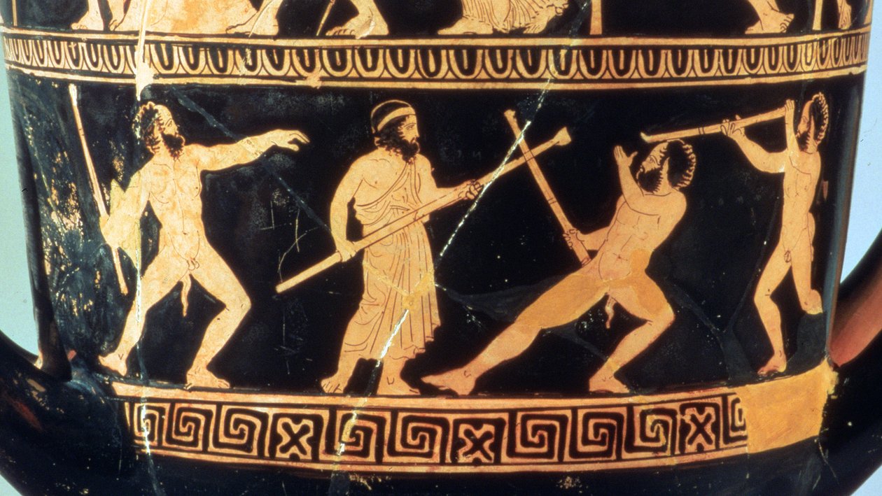 Attisch rotfiguriger Kalix-Krater, der (oben) die Taten des Theseus und (unten) die Satyrn Sikinnis, Komos und Simos zeigt, die Fackeln aus Kohlen entzünden, die Prometheus in einem Fenchelstiel trägt, ca. 420 v. Chr. von Greek