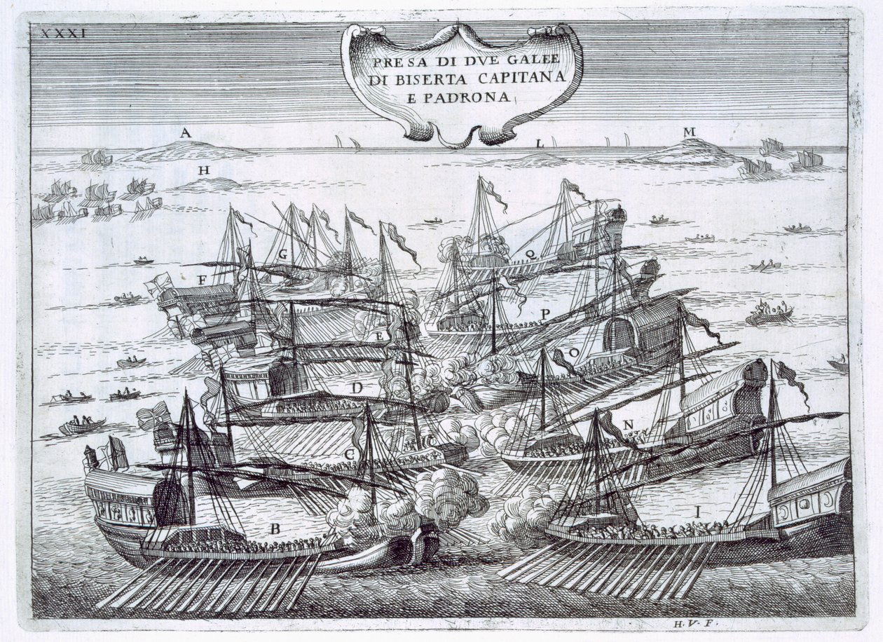 Zwei Galeonen von Birserta, von den Italienern in einer Seeschlacht erobert, hauptsächlich Galeassen, Illustration aus 