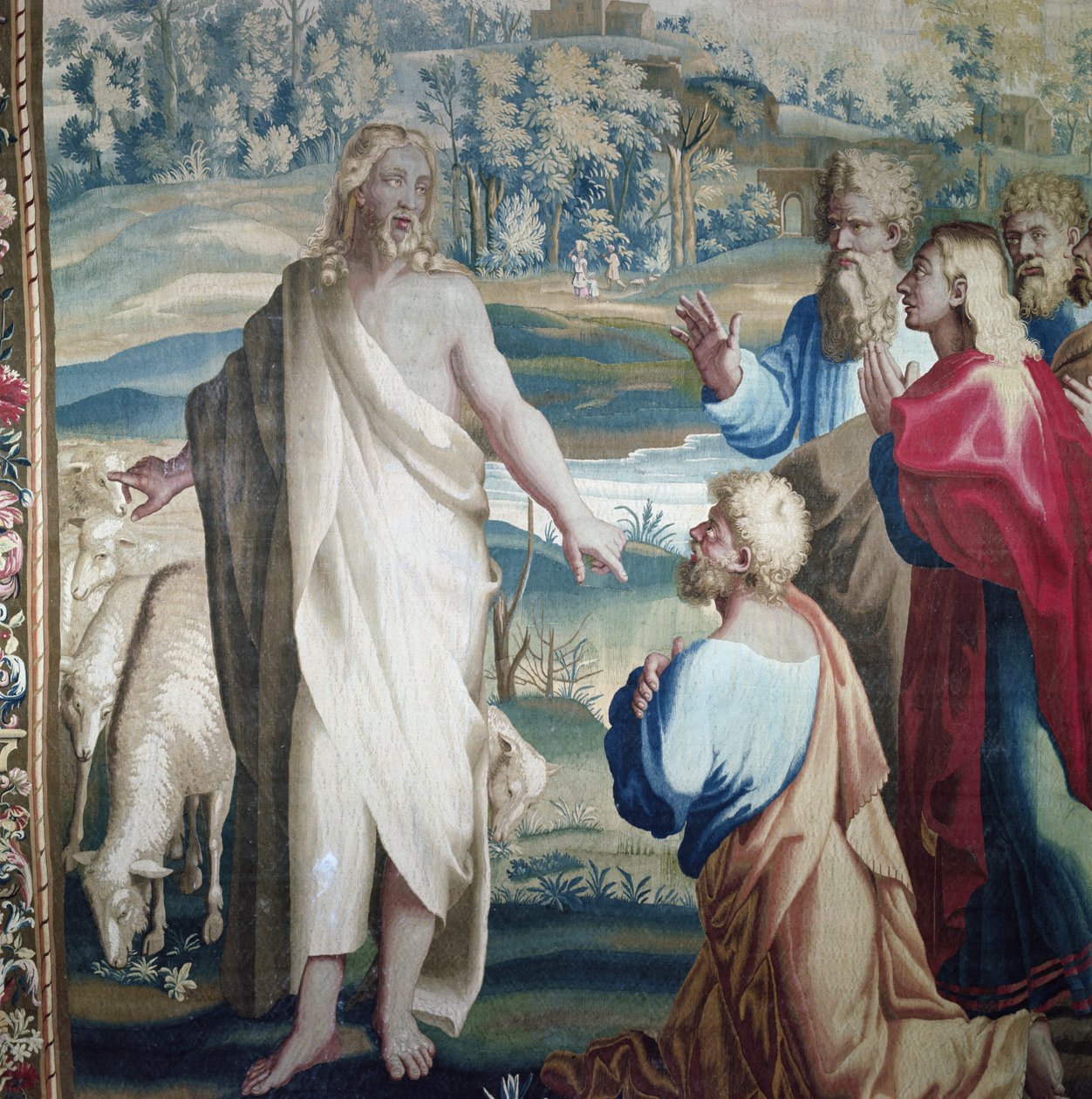 Wandteppich, der die Taten der Apostel darstellt, die Berufung des Heiligen Paulus (Detail von Christus und dem Heiligen Petrus), gewebt in der Beauvais-Werkstatt unter der Leitung von Philippe Behagle (1641-1705), 1695-98 von Raffaello Sanzio Raphael