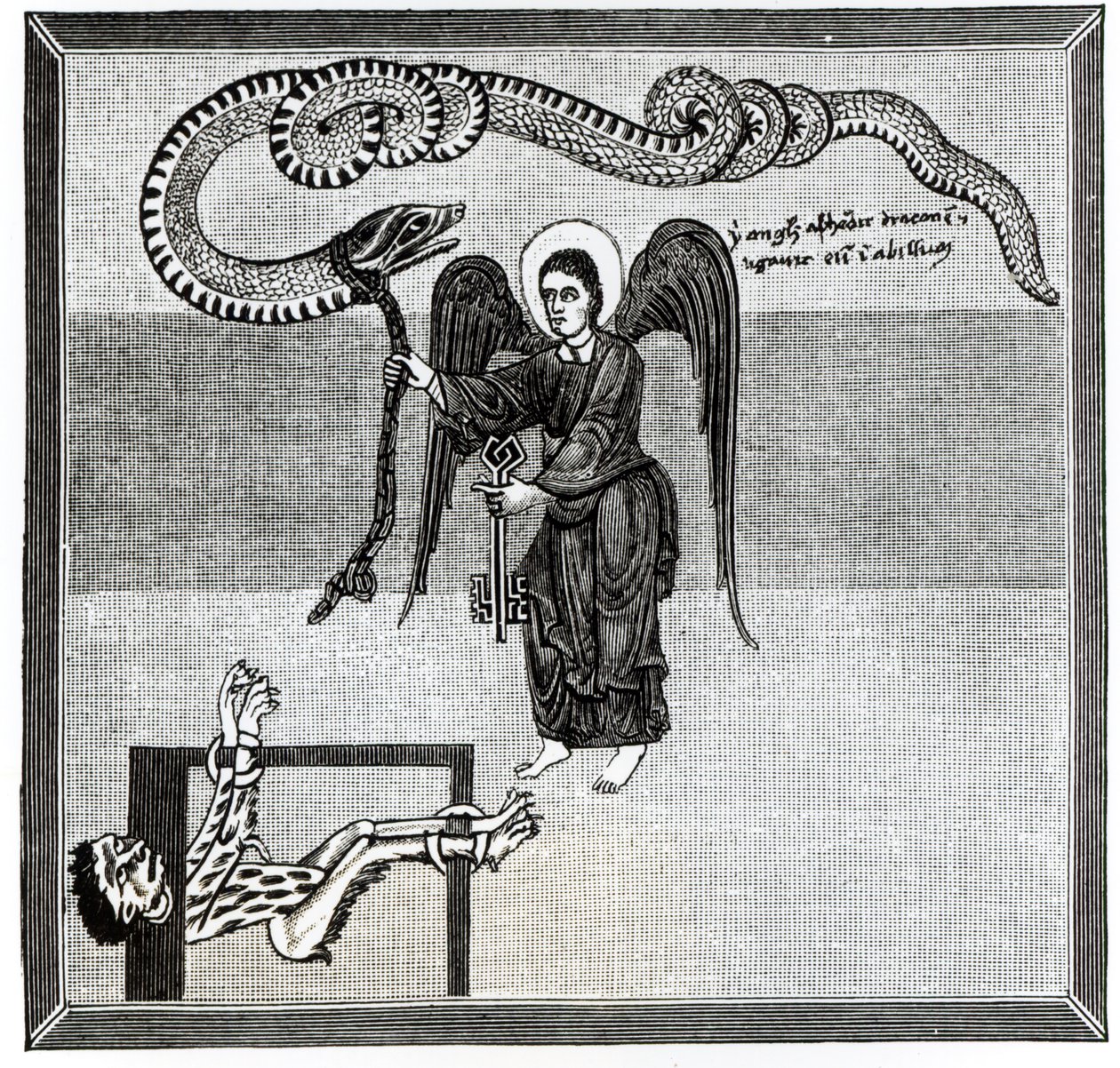 Der Engel, der die Schlüssel der Hölle hält, fesselt den Teufel in Gestalt eines Drachen in der Grube, aus einem Kommentar zur Apokalypse des asturischen Mönchs Beatus von Liebana, ca. 776, Illustration aus 