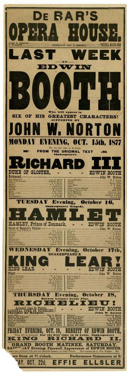 Plakat zur Werbung für das Programm der Woche vom 15. Oktober 1877 und kommende Attraktionen, De Bar von Unknown