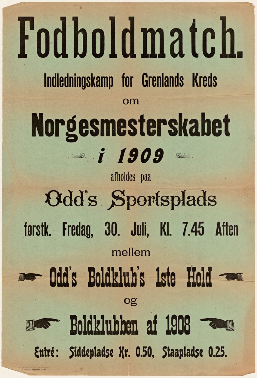 Fußballspiel. Eröffnungsspiel für den Grenlands-Kreis um die norwegische Meisterschaft 1909 auf Odd