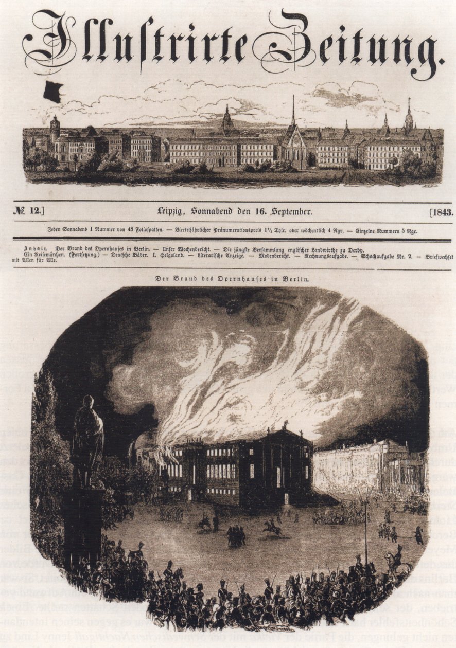 Titelseite der Leipziger Illustrirten Zeitung, 16. September 1843, mit Abbildung des Brands des Berliner Opernhauses am 18. August 1843 von Unknown