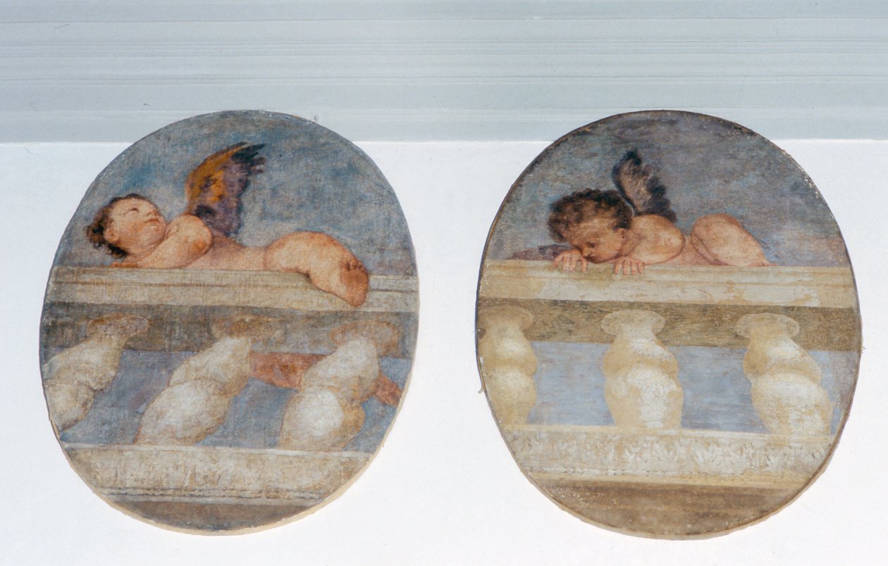 Zwei geflügelte Putti klettern über eine Balustrade, Rundbilder aus der Sakristei von Veronese