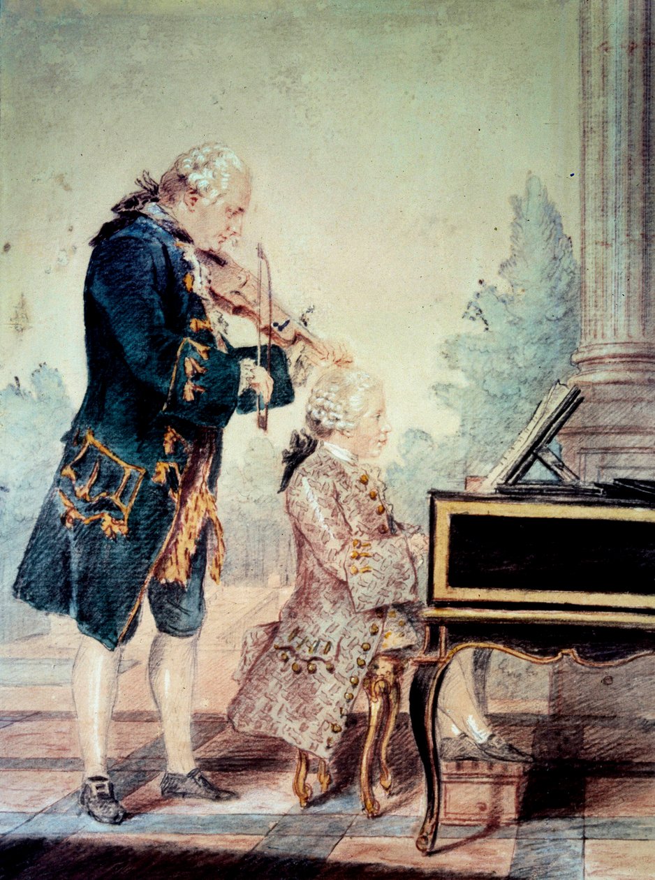 Wolfgang Amadeus Mozart (1756-1791) als Kind, Klavier spielend mit seinem Vater Leopold von Carmontelle
