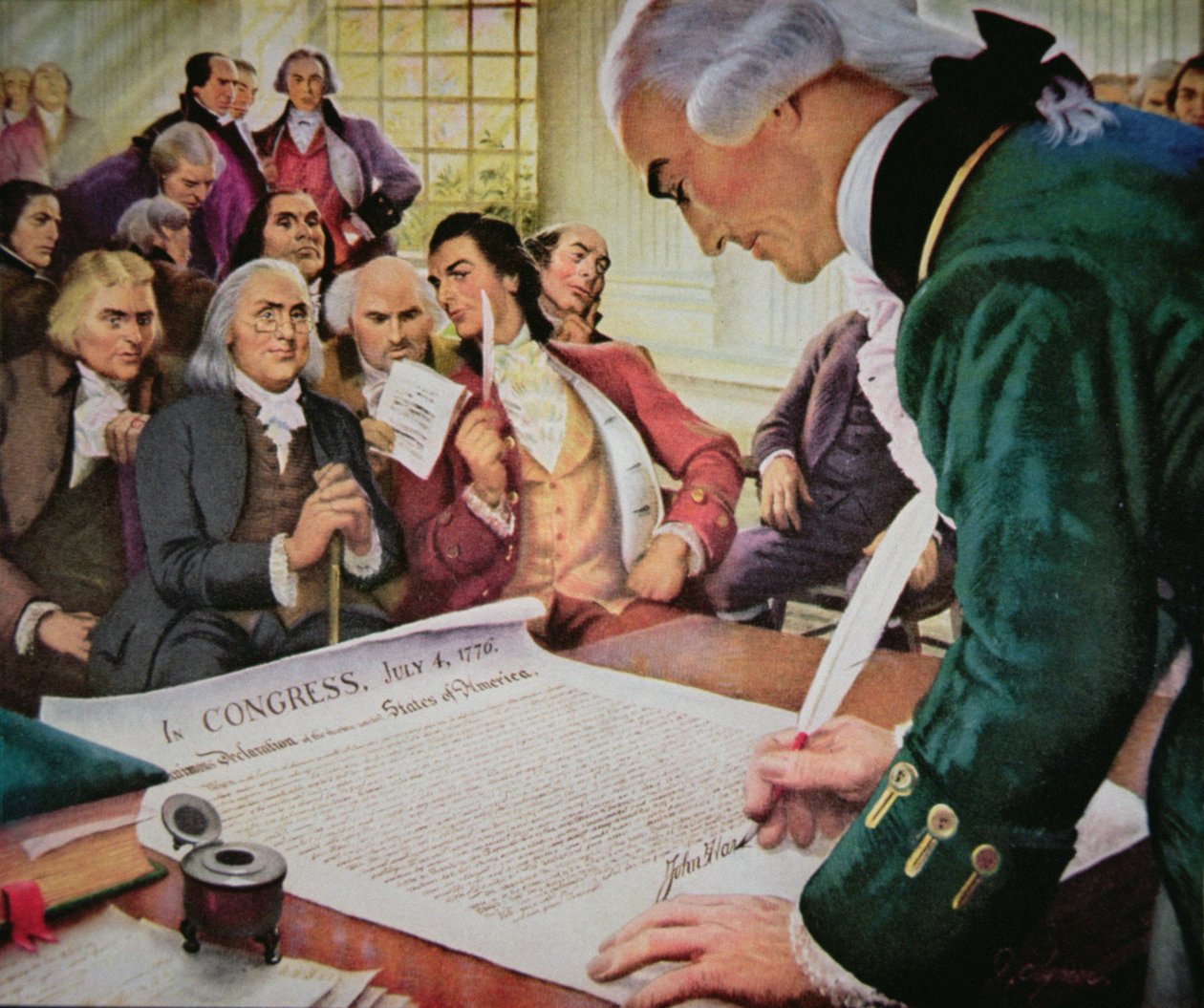 John Hancock (1737-93) unterzeichnet die amerikanische Unabhängigkeitserklärung, 4. Juli 1776 von (after) American School
