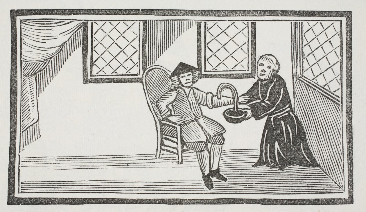 Darstellung des verräterischen Mönchs, der ihn zu Tode blutet, Illustration aus 