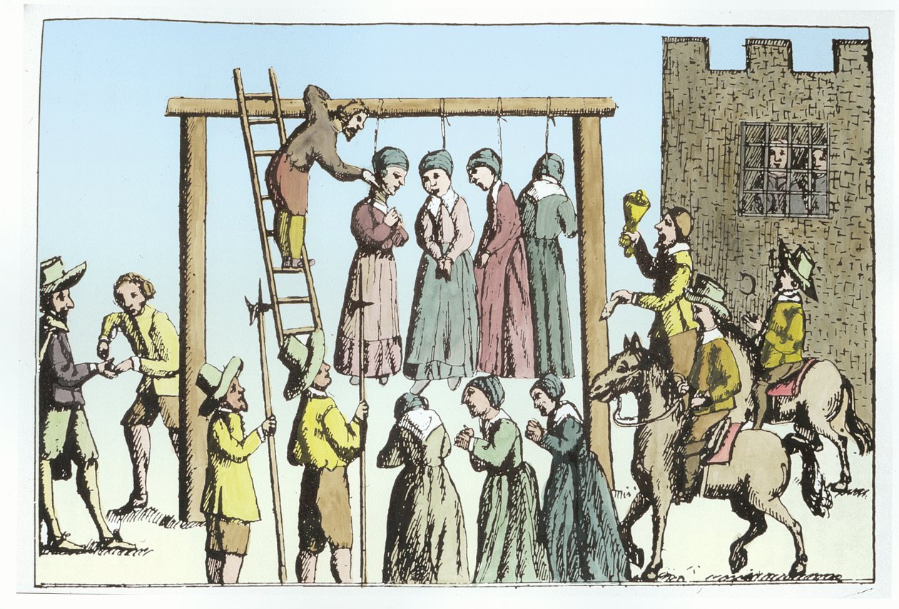 Eine Hexenhinrichtung in England (spätere Kolorierung) von (after) English School