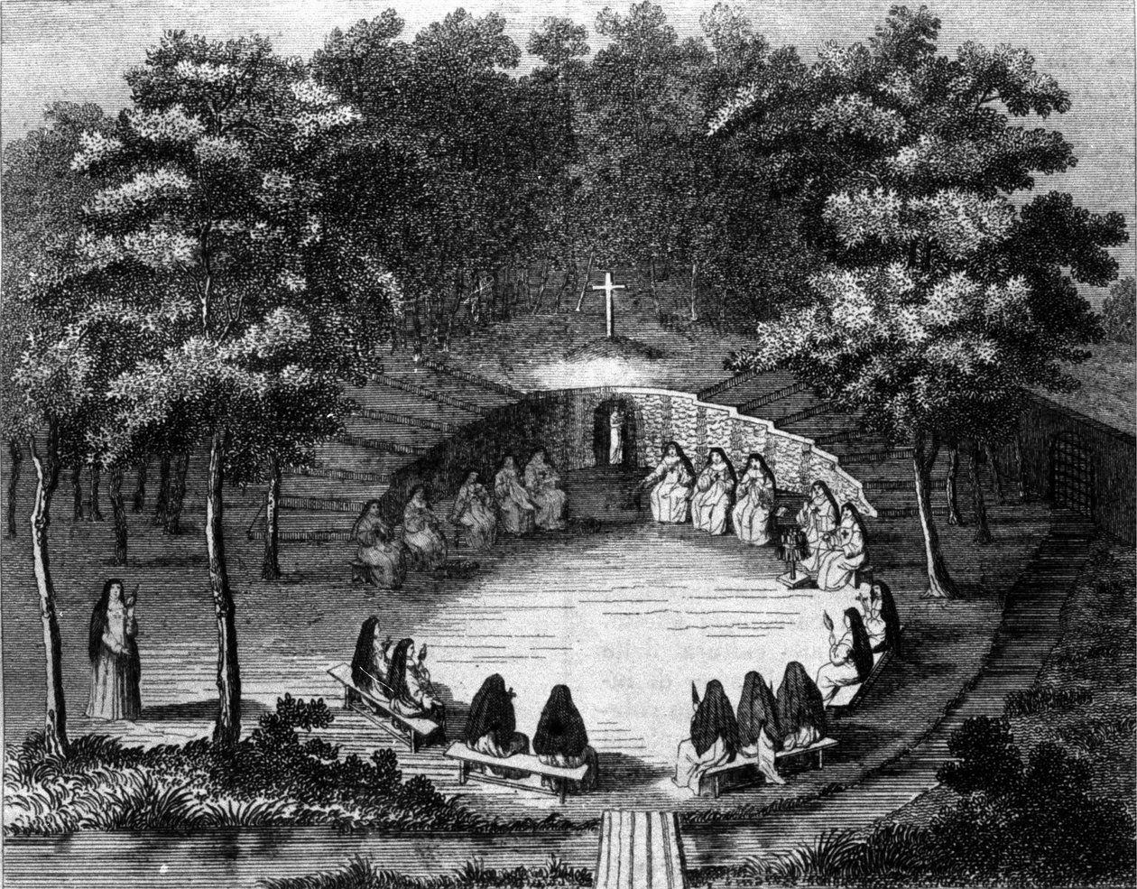 Nonnen der Abtei Port Royal des Champs bei einer Vorlesung in der Einsamkeit (Gravur nach einer Pergamentzeichnung der französischen Schule des 18. Jahrhunderts) von (after) French School