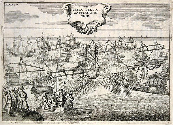 Galeonen und Galeassen im Kampf: Gefangennahme des Kapitäns der Insel Chios, Illustration aus 