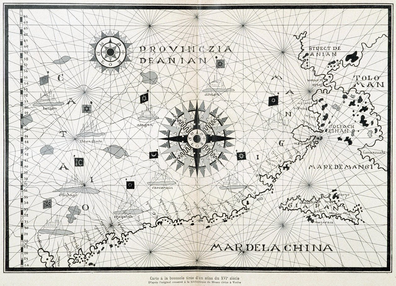 Karte des Kompasses aus einem Atlas des 16. Jahrhunderts, basierend auf dem Original, das in der Bibliothek des Museo Civico in Venedig aufbewahrt wird von (after) Italian School