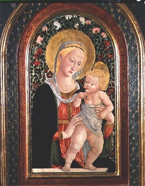 Madonna mit Kind, Kind stehend, einen Vogel haltend von (after) Pier Francesco Fiorentino