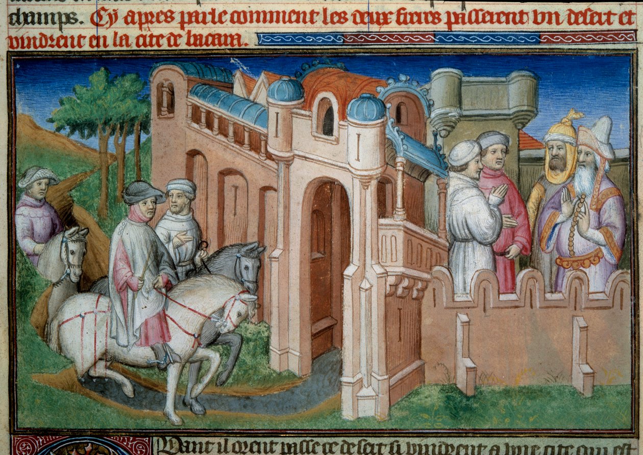 Brüder Nicolo und Matteo Polo, Onkel und Vater von Marco Polo (1254-1324) kommen in Buchara, Usbekistan an. Miniatur aus „Das Buch der Wunder“ („Devisement du monde“, „Il Milione“) von Marco Polo (1254-1324) illustriert vom Meister von Bouci. von (and workshop) Boucicaut Master