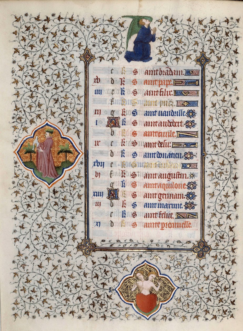 Seite des Manuskripts „Les Tres Riches Heures des Herzogs François de Guise“ illuminiert vom Meister von Boucicaut: Darstellung der Tierkreiszeichen und Alltagsszenen: Edelsteine. 15. Jahrhundert. Musée Condé, Chantilly von (and workshop) Boucicaut Master