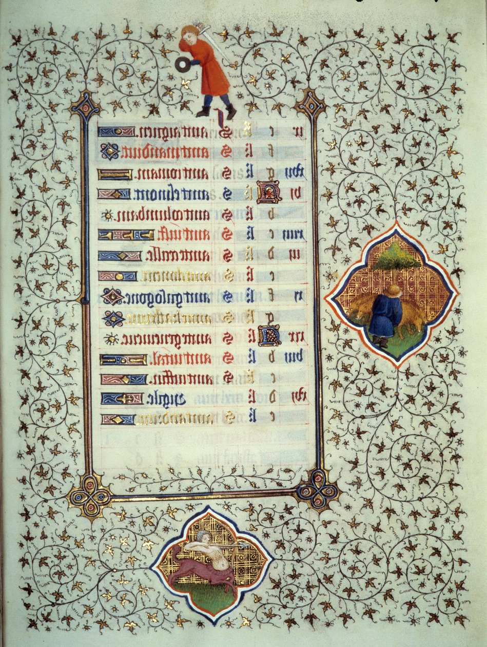 Seite des Manuskripts „Les Tres Riches Heures des Herzogs François de Guise“ illuminiert vom Meister von Boucicaut: Darstellung der Tierkreiszeichen und Alltagsszenen: der Schütze und ein Viehzüchter. 15. Jahrhundert. Musée Condé, Chantilly von (and workshop) Boucicaut Master
