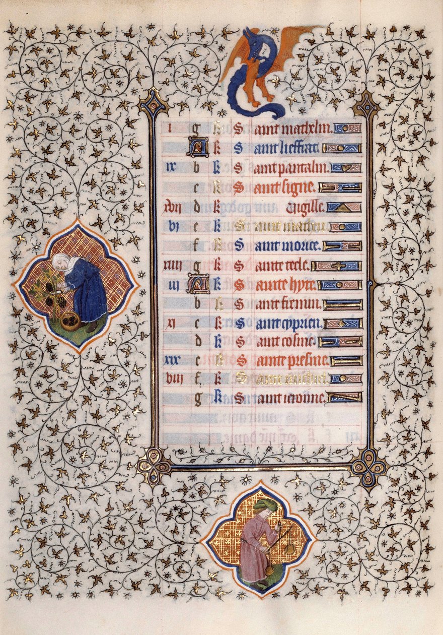 Seite des Manuskripts „Les Très Riches Heures du Duc François de Guise“ illuminiert vom Meister von Boucicaut: Darstellung der Tierkreiszeichen und der landwirtschaftlichen Arbeit: Waage und Ernte. 15. Jahrhundert. Musée Condé, Chantilly von (and workshop) Boucicaut Master