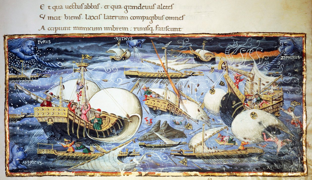 Segelschiffe, Illustration für die Aeneis, episches Gedicht von Virgil von (attr. to) Apollonio di Giovanni