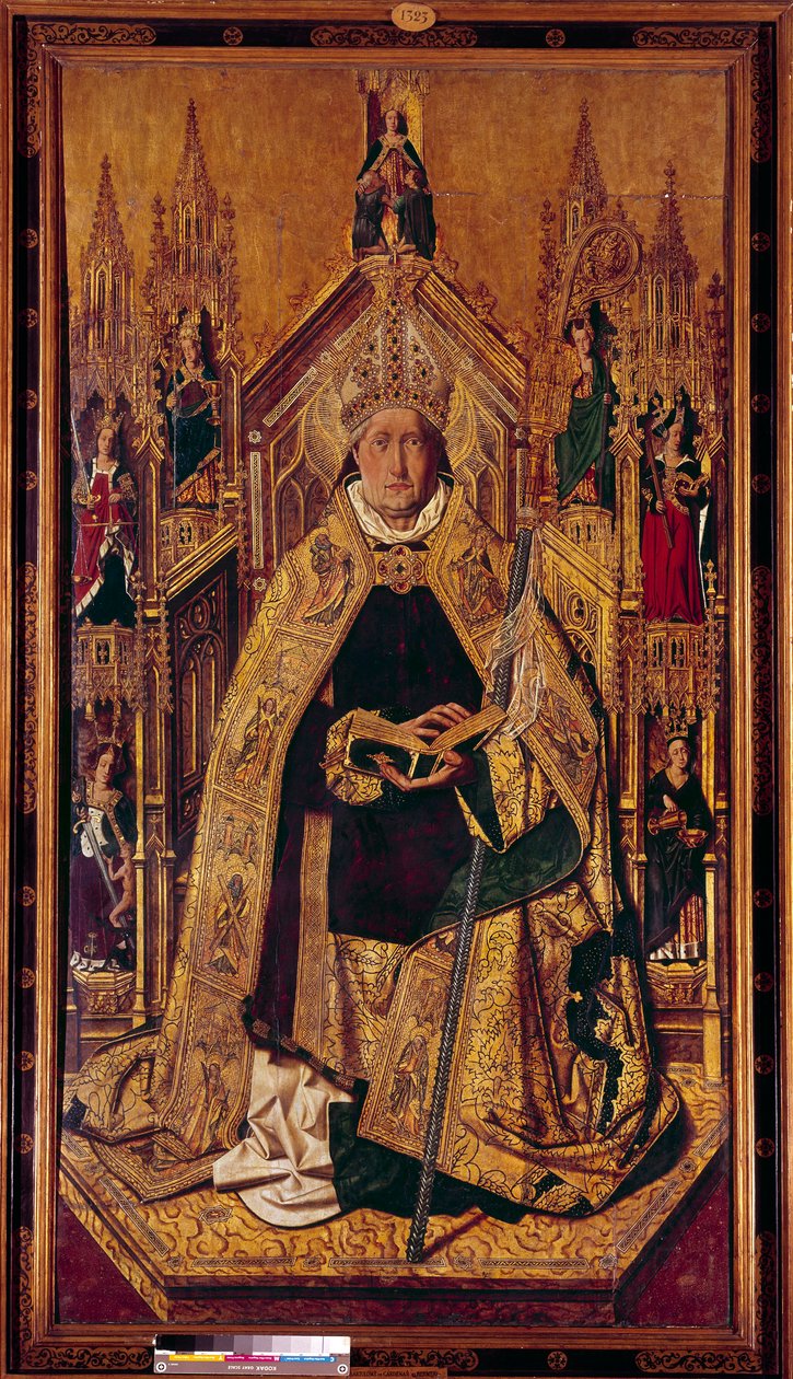 Heiliger Dominikus von Silos auf dem Thron. Dominikus war ein navarresischer Hirte. Er wurde Benediktinermönch in Silos, Kastilien. Gemälde auf Holz von Cardenas Bermejo von Bermejo