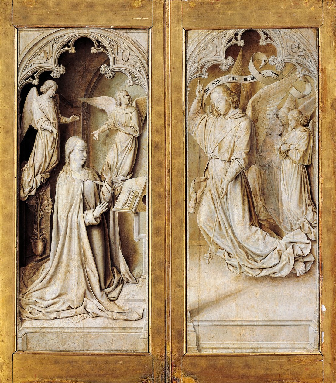 Verkündigung in Grisaille, äußere Flügel des Triptychon-Altars (ca. 1489-1502) von Meister von Moulins, in der Kathedrale Notre-Dame, Moulins, Frankreich von (fl.c.1483 c.1529) Master of Moulins