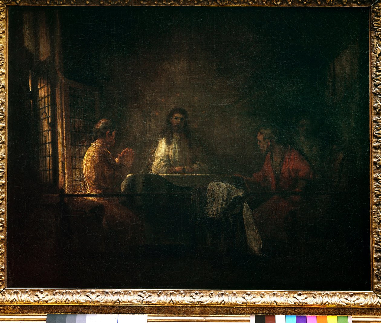 Die Pilger von Emmaus. Christus erscheint den Pilgern, die an einem Tisch in einem Gasthaus in Emmaus sitzen. Gemälde aus der Werkstatt von Rembrandt (1606-1669) von studio of Rembrandt Harmensz. van Rijn