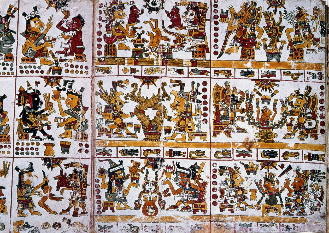 Detail aus einer Faksimile-Kopie einer Seite des Codex Borgia, die sechs Götterpaare zeigt, die die Wahrsagung für Paare darstellen von Unknown