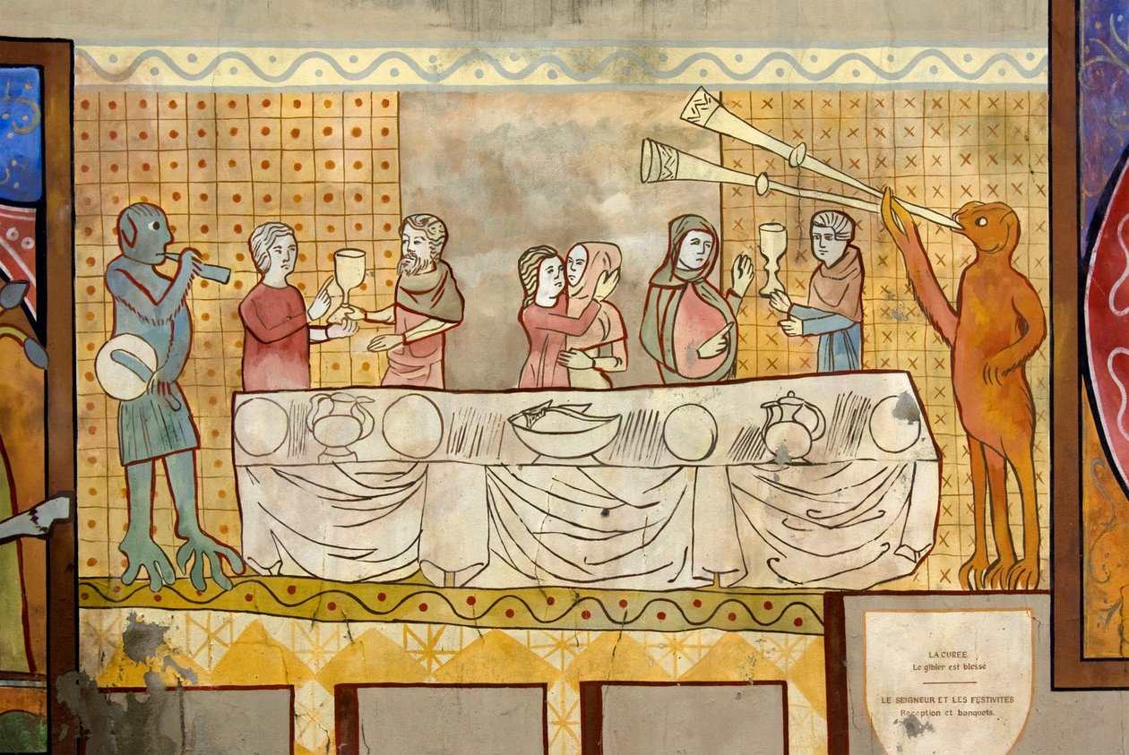 Zeichnung eines mittelalterlichen Banketts mit Trinkern, Liebenden und imaginären Tieren, die Trommeln und Trompeten spielen von Unknown