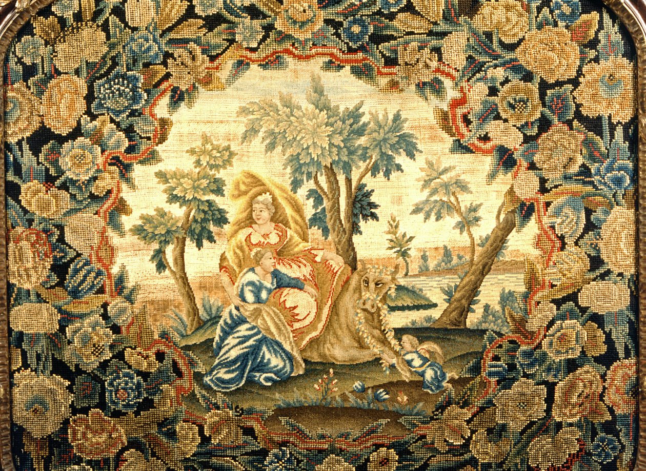Europa und der Stier, Nahaufnahme eines Tapisserieschirms im Holzrahmen von George III, 18. Jahrhundert von Unknown