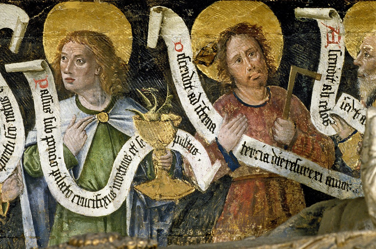 Frankreich - Somme - Département 80 - Amiens - Innenraum der Kathedrale - kleine Vierzeiler in altem Französisch, Untertitel - „Das Martyrium des Heiligen Firmin“ - Heiliger Johannes der Evangelist und Heiliger Thomas von Unknown