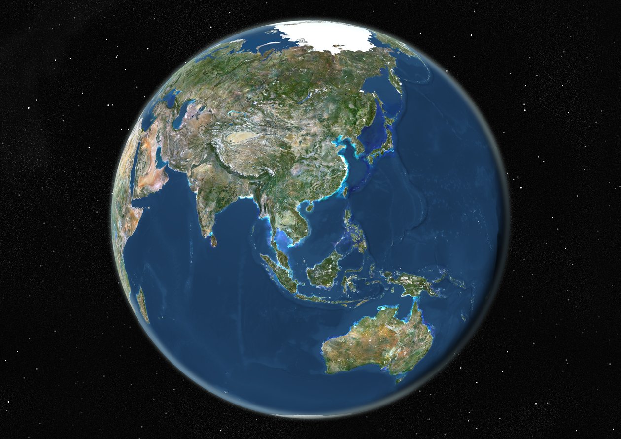 Globus zentriert auf Asien und Ozeanien, Satellitenbild in Echtfarben von Unknown
