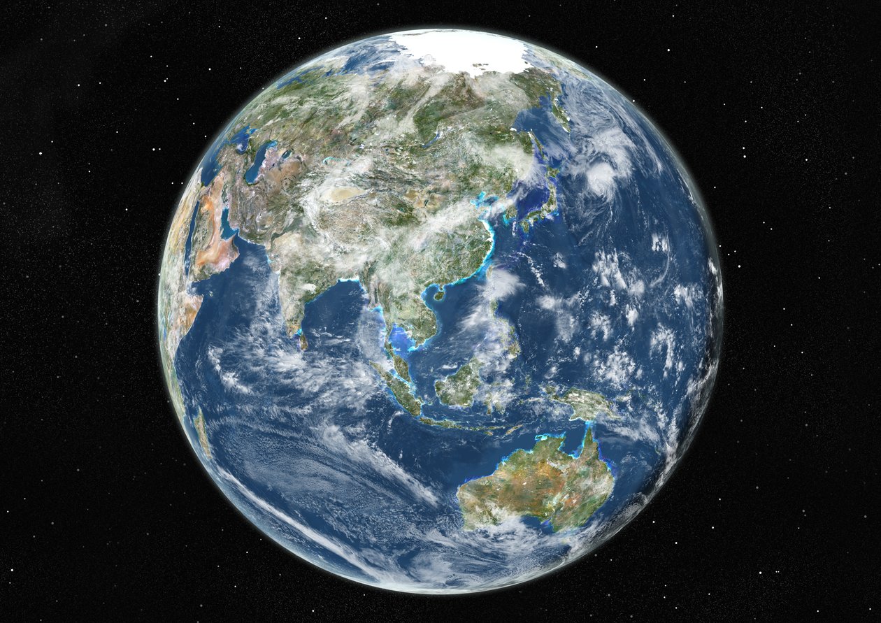Globus zentriert auf Asien und Ozeanien, Satellitenbild in Echtfarben von Unknown