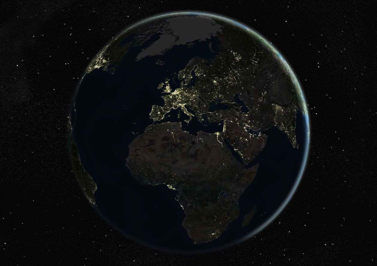 Globus zentriert auf Europa und Afrika, Satellitenbild in Echtfarben von Unknown