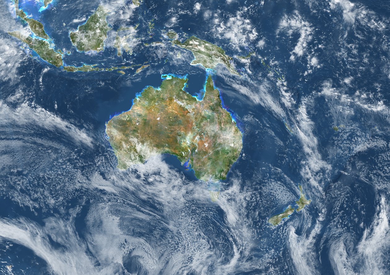 Ozeanien mit Wolkenbedeckung, Echtfarben-Satellitenbild von Unknown